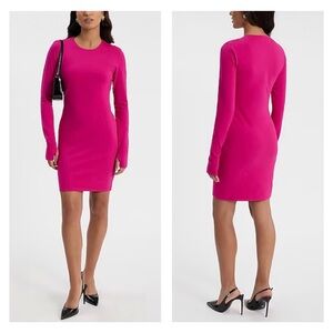 Express Crew Neck Bodycon Compression Long Sleeve Mini Knit Pink Dress S NWT $78